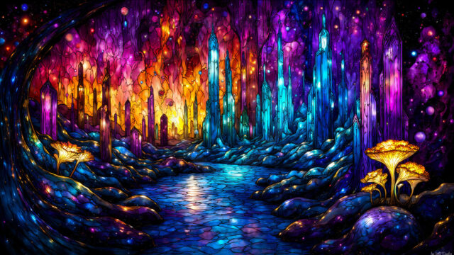 A vibrant and detailed fantasy photograph of an alien planet. Where every element appears meticulously crafted from iridescent stained glass. From a cave system, dominated by towering crystals, giant bioluminescent mushrooms, in all shapes and sizes, that glow in vibrant iridescent colors. A stream of iridescent blue water, flows down the center of the cave from a waterfall, off in the distance. The alien flora, vibrantly colored, attracting alien insects, like nothing you've ever seen. Glow worms hang down from the ceiling, emitting the entire spectrum of the rainbow in colors, they seem to dance and blend as if they are connected. Outside the cave system, the sky shimmers with a breathtaking aurora borealis that fills the sky, creating a cosmic spectacle of galaxies, nebulae, and radiant starlight, in this nighttime landscape.