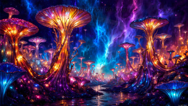 A vibrant and detailed fantasy photograph of an alien planet. Where every element appears meticulously crafted from iridescent stained glass. From a cave system, dominated by towering crystals, giant bioluminescent mushrooms, in all shapes and sizes, that glow in vibrant iridescent colors. A stream of iridescent blue water, flows down the center of the cave from a waterfall, off in the distance. The alien flora, vibrantly colored, attracting alien insects, like nothing you've ever seen. Glow worms hang down from the ceiling, emitting the entire spectrum of the rainbow in colors, they seem to dance and blend as if they are connected. Outside the cave system, the sky shimmers with a breathtaking aurora borealis that fills the sky, creating a cosmic spectacle of galaxies, nebulae, and radiant starlight, in this nighttime landscape.