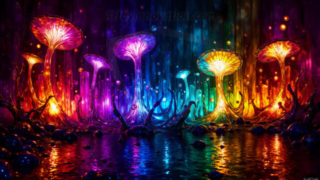 A vibrant and detailed fantasy photograph of an alien planet. Where every element appears meticulously crafted from iridescent stained glass. From a cave system, dominated by towering crystals, giant bioluminescent mushrooms, in all shapes and sizes, that glow in vibrant iridescent colors. A stream of iridescent blue water, flows down the center of the cave from a waterfall, off in the distance. The alien flora, vibrantly colored, attracting alien insects, like nothing you've ever seen. Glow worms hang down from the ceiling, emitting the entire spectrum of the rainbow in colors, they seem to dance and blend as if they are connected. Outside the cave system, the sky shimmers with a breathtaking aurora borealis that fills the sky, creating a cosmic spectacle of galaxies, nebulae, and radiant starlight, in this nighttime landscape.