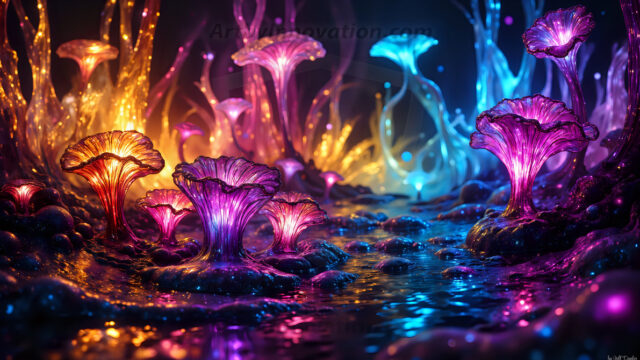 A vibrant and detailed fantasy photograph of an alien planet. Where every element appears meticulously crafted from iridescent stained glass. From a cave system, dominated by towering crystals, giant bioluminescent mushrooms, in all shapes and sizes, that glow in vibrant iridescent colors. A stream of iridescent blue water, flows down the center of the cave from a waterfall, off in the distance. The alien flora, vibrantly colored, attracting alien insects, like nothing you've ever seen. Glow worms hang down from the ceiling, emitting the entire spectrum of the rainbow in colors, they seem to dance and blend as if they are connected. Outside the cave system, the sky shimmers with a breathtaking aurora borealis that fills the sky, creating a cosmic spectacle of galaxies, nebulae, and radiant starlight, in this nighttime landscape.