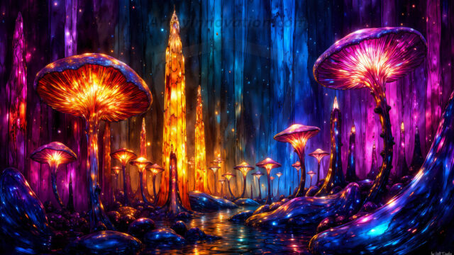 A vibrant and detailed fantasy photograph of an alien planet. Where every element appears meticulously crafted from iridescent stained glass. From a cave system, dominated by towering crystals, giant bioluminescent mushrooms, in all shapes and sizes, that glow in vibrant iridescent colors. A stream of iridescent blue water, flows down the center of the cave from a waterfall, off in the distance. The alien flora, vibrantly colored, attracting alien insects, like nothing you've ever seen. Glow worms hang down from the ceiling, emitting the entire spectrum of the rainbow in colors, they seem to dance and blend as if they are connected. Outside the cave system, the sky shimmers with a breathtaking aurora borealis that fills the sky, creating a cosmic spectacle of galaxies, nebulae, and radiant starlight, in this nighttime landscape.