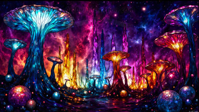 A vibrant and detailed fantasy photograph of an alien planet. Where every element appears meticulously crafted from iridescent stained glass. From a cave system, dominated by towering crystals, giant bioluminescent mushrooms, in all shapes and sizes, that glow in vibrant iridescent colors. A stream of iridescent blue water, flows down the center of the cave from a waterfall, off in the distance. The alien flora, vibrantly colored, attracting alien insects, like nothing you've ever seen. Glow worms hang down from the ceiling, emitting the entire spectrum of the rainbow in colors, they seem to dance and blend as if they are connected. Outside the cave system, the sky shimmers with a breathtaking aurora borealis that fills the sky, creating a cosmic spectacle of galaxies, nebulae, and radiant starlight, in this nighttime landscape.