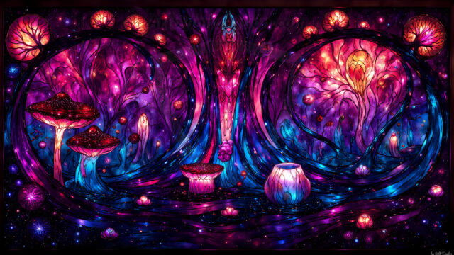 A vibrant and detailed fantasy photograph of an alien planet. Where every element appears meticulously crafted from iridescent stained glass. From a cave system, dominated by towering crystals, giant bioluminescent mushrooms, in all shapes and sizes, that glow in vibrant iridescent colors. A stream of iridescent blue water, flows down the center of the cave from a waterfall, off in the distance. The alien flora, vibrantly colored, attracting alien insects, like nothing you've ever seen. Glow worms hang down from the ceiling, emitting the entire spectrum of the rainbow in colors, they seem to dance and blend as if they are connected. Outside the cave system, the sky shimmers with a breathtaking aurora borealis that fills the sky, creating a cosmic spectacle of galaxies, nebulae, and radiant starlight, in this nighttime landscape.