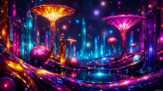 A vibrant and detailed fantasy photograph of an alien planet. Where every element appears meticulously crafted from iridescent stained glass. From a cave system, dominated by towering crystals, giant bioluminescent mushrooms, in all shapes and sizes, that glow in vibrant iridescent colors. A stream of iridescent blue water, flows down the center of the cave from a waterfall, off in the distance. The alien flora, vibrantly colored, attracting alien insects, like nothing you've ever seen. Glow worms hang down from the ceiling, emitting the entire spectrum of the rainbow in colors, they seem to dance and blend as if they are connected. Outside the cave system, the sky shimmers with a breathtaking aurora borealis that fills the sky, creating a cosmic spectacle of galaxies, nebulae, and radiant starlight, in this nighttime landscape.