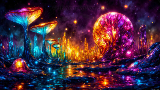A vibrant and detailed fantasy photograph of an alien planet. Where every element appears meticulously crafted from iridescent stained glass. From a cave system, dominated by towering crystals, giant bioluminescent mushrooms, in all shapes and sizes, that glow in vibrant iridescent colors. A stream of iridescent blue water, flows down the center of the cave from a waterfall, off in the distance. The alien flora, vibrantly colored, attracting alien insects, like nothing you've ever seen. Glow worms hang down from the ceiling, emitting the entire spectrum of the rainbow in colors, they seem to dance and blend as if they are connected. Outside the cave system, the sky shimmers with a breathtaking aurora borealis that fills the sky, creating a cosmic spectacle of galaxies, nebulae, and radiant starlight, in this nighttime landscape.