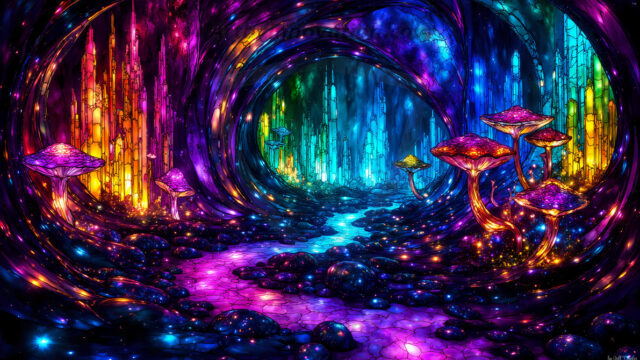 A vibrant and detailed fantasy photograph of an alien planet. Where every element appears meticulously crafted from iridescent stained glass. From a cave system, dominated by towering crystals, giant bioluminescent mushrooms, in all shapes and sizes, that glow in vibrant iridescent colors. A stream of iridescent blue water, flows down the center of the cave from a waterfall, off in the distance. The alien flora, vibrantly colored, attracting alien insects, like nothing you've ever seen. Glow worms hang down from the ceiling, emitting the entire spectrum of the rainbow in colors, they seem to dance and blend as if they are connected. Outside the cave system, the sky shimmers with a breathtaking aurora borealis that fills the sky, creating a cosmic spectacle of galaxies, nebulae, and radiant starlight, in this nighttime landscape.