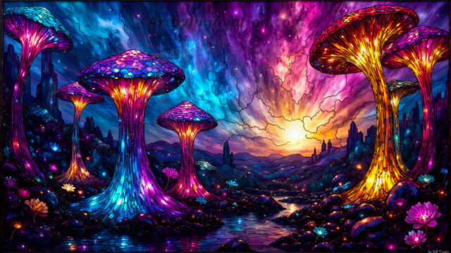 A vibrant and detailed fantasy photograph of an alien planet. Where every element appears meticulously crafted from iridescent stained glass. From a cave system, dominated by towering crystals, giant bioluminescent mushrooms, in all shapes and sizes, that glow in vibrant iridescent colors. A stream of iridescent blue water, flows down the center of the cave from a waterfall, off in the distance. The alien flora, vibrantly colored, attracting alien insects, like nothing you've ever seen. Glow worms hang down from the ceiling, emitting the entire spectrum of the rainbow in colors, they seem to dance and blend as if they are connected. Outside the cave system, the sky shimmers with a breathtaking aurora borealis that fills the sky, creating a cosmic spectacle of galaxies, nebulae, and radiant starlight, in this nighttime landscape.