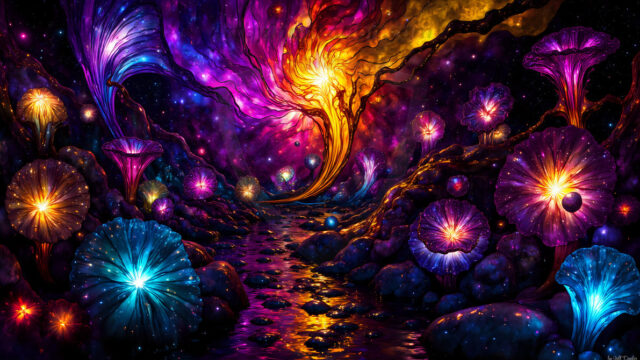 A vibrant and detailed fantasy photograph of an alien planet. Where every element appears meticulously crafted from iridescent stained glass. From a cave system, dominated by towering crystals, giant bioluminescent mushrooms, in all shapes and sizes, that glow in vibrant iridescent colors. A stream of iridescent blue water, flows down the center of the cave from a waterfall, off in the distance. The alien flora, vibrantly colored, attracting alien insects, like nothing you've ever seen. Glow worms hang down from the ceiling, emitting the entire spectrum of the rainbow in colors, they seem to dance and blend as if they are connected. Outside the cave system, the sky shimmers with a breathtaking aurora borealis that fills the sky, creating a cosmic spectacle of galaxies, nebulae, and radiant starlight, in this nighttime landscape.