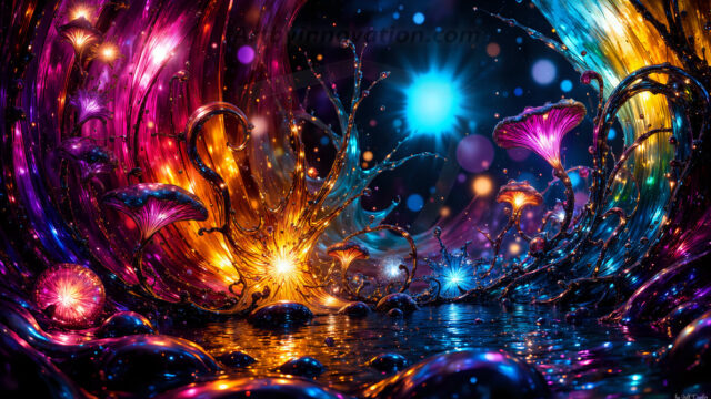 A vibrant and detailed fantasy photograph of an alien planet. Where every element appears meticulously crafted from iridescent stained glass. From a cave system, dominated by towering crystals, giant bioluminescent mushrooms, in all shapes and sizes, that glow in vibrant iridescent colors. A stream of iridescent blue water, flows down the center of the cave from a waterfall, off in the distance. The alien flora, vibrantly colored, attracting alien insects, like nothing you've ever seen. Glow worms hang down from the ceiling, emitting the entire spectrum of the rainbow in colors, they seem to dance and blend as if they are connected. Outside the cave system, the sky shimmers with a breathtaking aurora borealis that fills the sky, creating a cosmic spectacle of galaxies, nebulae, and radiant starlight, in this nighttime landscape.