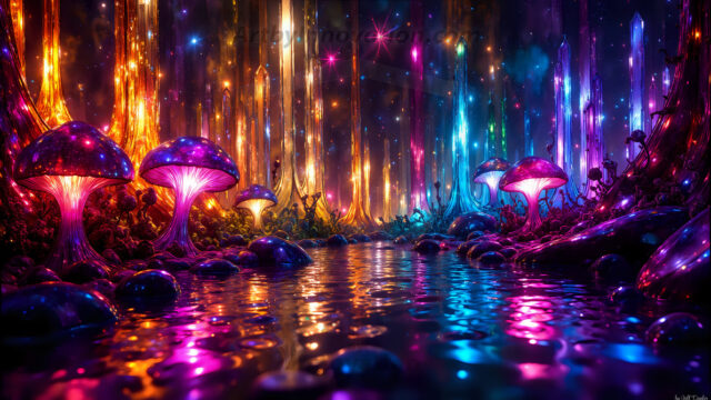 A vibrant and detailed fantasy photograph of an alien planet. Where every element appears meticulously crafted from iridescent stained glass. From a cave system, dominated by towering crystals, giant bioluminescent mushrooms, in all shapes and sizes, that glow in vibrant iridescent colors. A stream of iridescent blue water, flows down the center of the cave from a waterfall, off in the distance. The alien flora, vibrantly colored, attracting alien insects, like nothing you've ever seen. Glow worms hang down from the ceiling, emitting the entire spectrum of the rainbow in colors, they seem to dance and blend as if they are connected. Outside the cave system, the sky shimmers with a breathtaking aurora borealis that fills the sky, creating a cosmic spectacle of galaxies, nebulae, and radiant starlight, in this nighttime landscape.