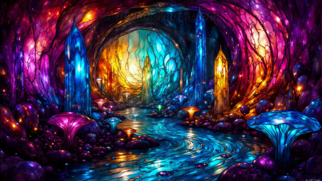 A vibrant and detailed fantasy photograph of an alien planet. Where every element appears meticulously crafted from iridescent stained glass. From a cave system, dominated by towering crystals, giant bioluminescent mushrooms, in all shapes and sizes, that glow in vibrant iridescent colors. A stream of iridescent blue water, flows down the center of the cave from a waterfall, off in the distance. The alien flora, vibrantly colored, attracting alien insects, like nothing you've ever seen. Glow worms hang down from the ceiling, emitting the entire spectrum of the rainbow in colors, they seem to dance and blend as if they are connected. Outside the cave system, the sky shimmers with a breathtaking aurora borealis that fills the sky, creating a cosmic spectacle of galaxies, nebulae, and radiant starlight, in this nighttime landscape.