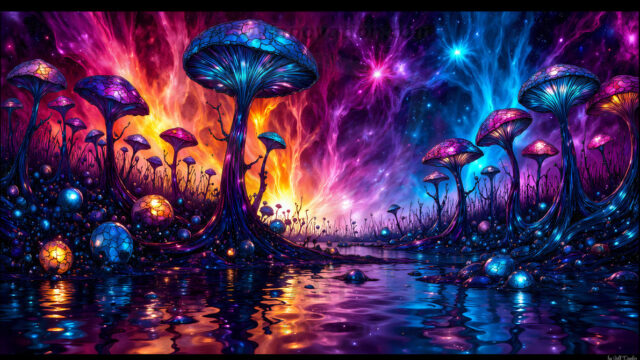 A vibrant and detailed fantasy photograph of an alien planet. Where every element appears meticulously crafted from iridescent stained glass. From a cave system, dominated by towering crystals, giant bioluminescent mushrooms, in all shapes and sizes, that glow in vibrant iridescent colors. A stream of iridescent blue water, flows down the center of the cave from a waterfall, off in the distance. The alien flora, vibrantly colored, attracting alien insects, like nothing you've ever seen. Glow worms hang down from the ceiling, emitting the entire spectrum of the rainbow in colors, they seem to dance and blend as if they are connected. Outside the cave system, the sky shimmers with a breathtaking aurora borealis that fills the sky, creating a cosmic spectacle of galaxies, nebulae, and radiant starlight, in this nighttime landscape.