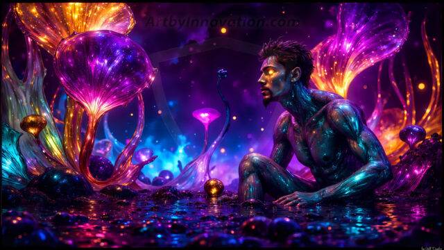 A vibrant and detailed fantasy photograph of an alien planet. Where every element appears meticulously crafted from iridescent stained glass. From a cave system, dominated by towering crystals, giant bioluminescent mushrooms, in all shapes and sizes, that glow in vibrant iridescent colors. A stream of iridescent blue water, flows down the center of the cave from a waterfall, off in the distance. The alien flora, vibrantly colored, attracting alien insects, like nothing you've ever seen. Glow worms hang down from the ceiling, emitting the entire spectrum of the rainbow in colors, they seem to dance and blend as if they are connected. Outside the cave system, the sky shimmers with a breathtaking aurora borealis that fills the sky, creating a cosmic spectacle of galaxies, nebulae, and radiant starlight, in this nighttime landscape.