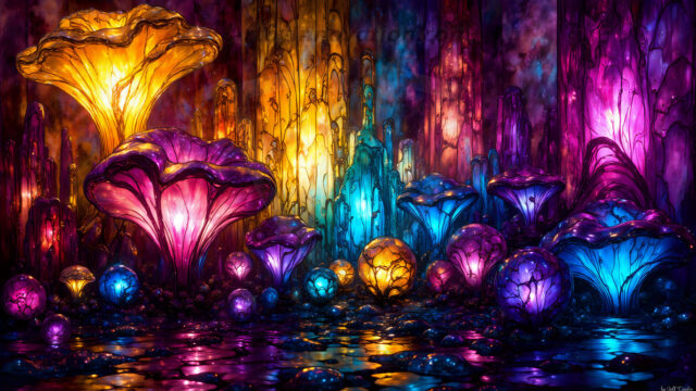 A vibrant and detailed fantasy photograph of an alien planet. Where every element appears meticulously crafted from iridescent stained glass. From a cave system, dominated by towering crystals, giant bioluminescent mushrooms, in all shapes and sizes, that glow in vibrant iridescent colors. A stream of iridescent blue water, flows down the center of the cave from a waterfall, off in the distance. The alien flora, vibrantly colored, attracting alien insects, like nothing you've ever seen. Glow worms hang down from the ceiling, emitting the entire spectrum of the rainbow in colors, they seem to dance and blend as if they are connected. Outside the cave system, the sky shimmers with a breathtaking aurora borealis that fills the sky, creating a cosmic spectacle of galaxies, nebulae, and radiant starlight, in this nighttime landscape.
