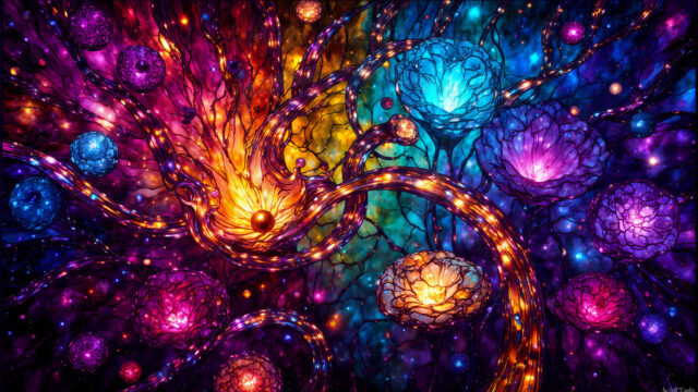 A vibrant and detailed fantasy photograph of an alien planet. Where every element appears meticulously crafted from iridescent stained glass. From a cave system, dominated by towering crystals, giant bioluminescent mushrooms, in all shapes and sizes, that glow in vibrant iridescent colors. A stream of iridescent blue water, flows down the center of the cave from a waterfall, off in the distance. The alien flora, vibrantly colored, attracting alien insects, like nothing you've ever seen. Glow worms hang down from the ceiling, emitting the entire spectrum of the rainbow in colors, they seem to dance and blend as if they are connected. Outside the cave system, the sky shimmers with a breathtaking aurora borealis that fills the sky, creating a cosmic spectacle of galaxies, nebulae, and radiant starlight, in this nighttime landscape.