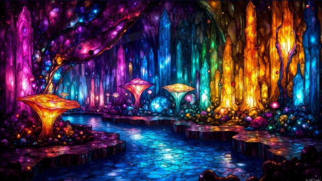 A vibrant and detailed fantasy photograph of an alien planet. Where every element appears meticulously crafted from iridescent stained glass. From a cave system, dominated by towering crystals, giant bioluminescent mushrooms, in all shapes and sizes, that glow in vibrant iridescent colors. A stream of iridescent blue water, flows down the center of the cave from a waterfall, off in the distance. The alien flora, vibrantly colored, attracting alien insects, like nothing you've ever seen. Glow worms hang down from the ceiling, emitting the entire spectrum of the rainbow in colors, they seem to dance and blend as if they are connected. Outside the cave system, the sky shimmers with a breathtaking aurora borealis that fills the sky, creating a cosmic spectacle of galaxies, nebulae, and radiant starlight, in this nighttime landscape.