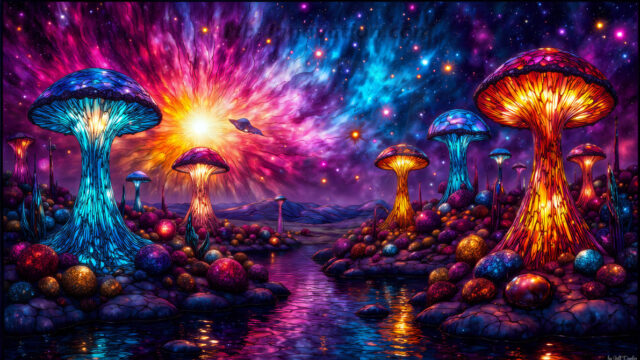 A vibrant and detailed fantasy photograph of an alien planet. Where every element appears meticulously crafted from iridescent stained glass. From a cave system, dominated by towering crystals, giant bioluminescent mushrooms, in all shapes and sizes, that glow in vibrant iridescent colors. A stream of iridescent blue water, flows down the center of the cave from a waterfall, off in the distance. The alien flora, vibrantly colored, attracting alien insects, like nothing you've ever seen. Glow worms hang down from the ceiling, emitting the entire spectrum of the rainbow in colors, they seem to dance and blend as if they are connected. Outside the cave system, the sky shimmers with a breathtaking aurora borealis that fills the sky, creating a cosmic spectacle of galaxies, nebulae, and radiant starlight, in this nighttime landscape.