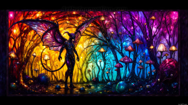 A vibrant and detailed fantasy photograph of an alien planet. Where every element appears meticulously crafted from iridescent stained glass. From a cave system, dominated by towering crystals, giant bioluminescent mushrooms, in all shapes and sizes, that glow in vibrant iridescent colors. A stream of iridescent blue water, flows down the center of the cave from a waterfall, off in the distance. The alien flora, vibrantly colored, attracting alien insects, like nothing you've ever seen. Glow worms hang down from the ceiling, emitting the entire spectrum of the rainbow in colors, they seem to dance and blend as if they are connected. Outside the cave system, the sky shimmers with a breathtaking aurora borealis that fills the sky, creating a cosmic spectacle of galaxies, nebulae, and radiant starlight, in this nighttime landscape.