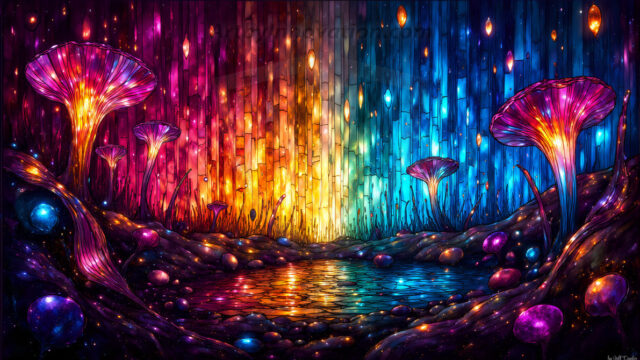 A vibrant and detailed fantasy photograph of an alien planet. Where every element appears meticulously crafted from iridescent stained glass. From a cave system, dominated by towering crystals, giant bioluminescent mushrooms, in all shapes and sizes, that glow in vibrant iridescent colors. A stream of iridescent blue water, flows down the center of the cave from a waterfall, off in the distance. The alien flora, vibrantly colored, attracting alien insects, like nothing you've ever seen. Glow worms hang down from the ceiling, emitting the entire spectrum of the rainbow in colors, they seem to dance and blend as if they are connected. Outside the cave system, the sky shimmers with a breathtaking aurora borealis that fills the sky, creating a cosmic spectacle of galaxies, nebulae, and radiant starlight, in this nighttime landscape.