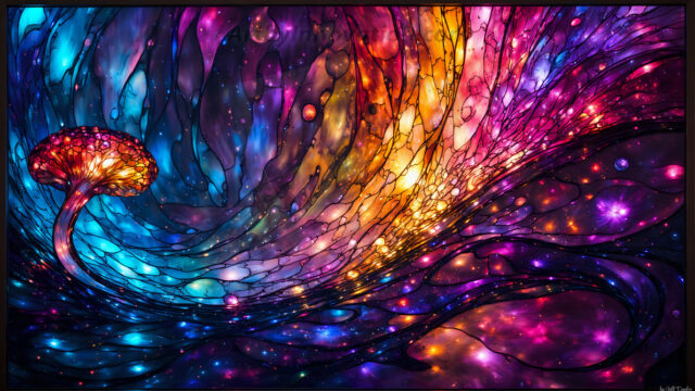 A vibrant and detailed fantasy photograph of an alien planet. Where every element appears meticulously crafted from iridescent stained glass. From a cave system, dominated by towering crystals, giant bioluminescent mushrooms, in all shapes and sizes, that glow in vibrant iridescent colors. A stream of iridescent blue water, flows down the center of the cave from a waterfall, off in the distance. The alien flora, vibrantly colored, attracting alien insects, like nothing you've ever seen. Glow worms hang down from the ceiling, emitting the entire spectrum of the rainbow in colors, they seem to dance and blend as if they are connected. Outside the cave system, the sky shimmers with a breathtaking aurora borealis that fills the sky, creating a cosmic spectacle of galaxies, nebulae, and radiant starlight, in this nighttime landscape.