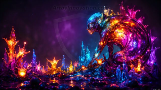 A vibrant and detailed fantasy photograph of an alien planet. Where every element appears meticulously crafted from iridescent stained glass. From a cave system, dominated by towering crystals, giant bioluminescent mushrooms, in all shapes and sizes, that glow in vibrant iridescent colors. A stream of iridescent blue water, flows down the center of the cave from a waterfall, off in the distance. The alien flora, vibrantly colored, attracting alien insects, like nothing you've ever seen. Glow worms hang down from the ceiling, emitting the entire spectrum of the rainbow in colors, they seem to dance and blend as if they are connected. Outside the cave system, the sky shimmers with a breathtaking aurora borealis that fills the sky, creating a cosmic spectacle of galaxies, nebulae, and radiant starlight, in this nighttime landscape.