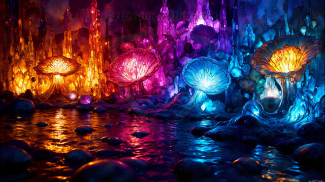 A vibrant and detailed fantasy photograph of an alien planet. Where every element appears meticulously crafted from iridescent stained glass. From a cave system, dominated by towering crystals, giant bioluminescent mushrooms, in all shapes and sizes, that glow in vibrant iridescent colors. A stream of iridescent blue water, flows down the center of the cave from a waterfall, off in the distance. The alien flora, vibrantly colored, attracting alien insects, like nothing you've ever seen. Glow worms hang down from the ceiling, emitting the entire spectrum of the rainbow in colors, they seem to dance and blend as if they are connected. Outside the cave system, the sky shimmers with a breathtaking aurora borealis that fills the sky, creating a cosmic spectacle of galaxies, nebulae, and radiant starlight, in this nighttime landscape.