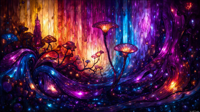 A vibrant and detailed fantasy photograph of an alien planet. Where every element appears meticulously crafted from iridescent stained glass. From a cave system, dominated by towering crystals, giant bioluminescent mushrooms, in all shapes and sizes, that glow in vibrant iridescent colors. A stream of iridescent blue water, flows down the center of the cave from a waterfall, off in the distance. The alien flora, vibrantly colored, attracting alien insects, like nothing you've ever seen. Glow worms hang down from the ceiling, emitting the entire spectrum of the rainbow in colors, they seem to dance and blend as if they are connected. Outside the cave system, the sky shimmers with a breathtaking aurora borealis that fills the sky, creating a cosmic spectacle of galaxies, nebulae, and radiant starlight, in this nighttime landscape.