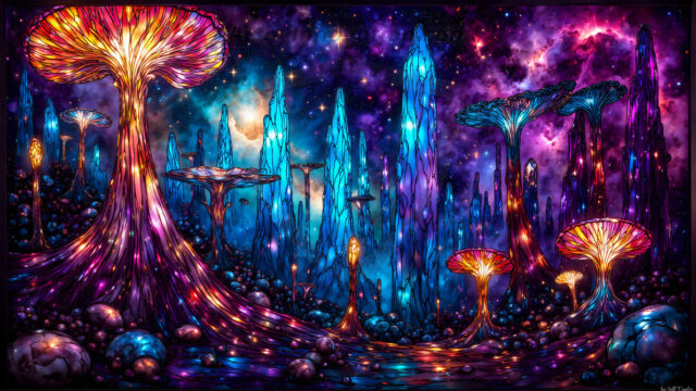 A vibrant and detailed fantasy photograph of an alien planet. Where every element appears meticulously crafted from iridescent stained glass. From a cave system, dominated by towering crystals, giant bioluminescent mushrooms, in all shapes and sizes, that glow in vibrant iridescent colors. A stream of iridescent blue water, flows down the center of the cave from a waterfall, off in the distance. The alien flora, vibrantly colored, attracting alien insects, like nothing you've ever seen. Glow worms hang down from the ceiling, emitting the entire spectrum of the rainbow in colors, they seem to dance and blend as if they are connected. Outside the cave system, the sky shimmers with a breathtaking aurora borealis that fills the sky, creating a cosmic spectacle of galaxies, nebulae, and radiant starlight, in this nighttime landscape.