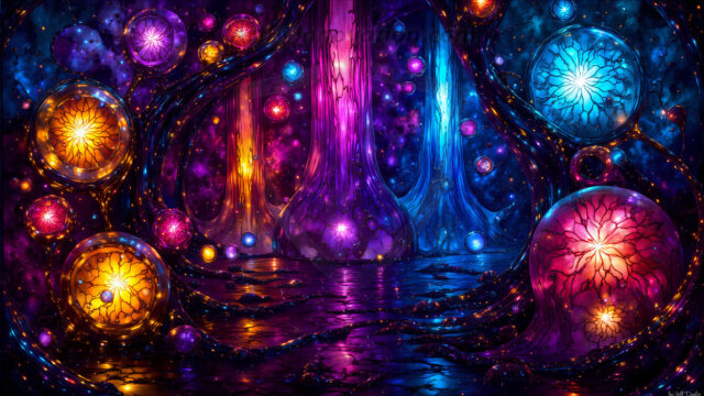 A vibrant and detailed fantasy photograph of an alien planet. Where every element appears meticulously crafted from iridescent stained glass. From a cave system, dominated by towering crystals, giant bioluminescent mushrooms, in all shapes and sizes, that glow in vibrant iridescent colors. A stream of iridescent blue water, flows down the center of the cave from a waterfall, off in the distance. The alien flora, vibrantly colored, attracting alien insects, like nothing you've ever seen. Glow worms hang down from the ceiling, emitting the entire spectrum of the rainbow in colors, they seem to dance and blend as if they are connected. Outside the cave system, the sky shimmers with a breathtaking aurora borealis that fills the sky, creating a cosmic spectacle of galaxies, nebulae, and radiant starlight, in this nighttime landscape.