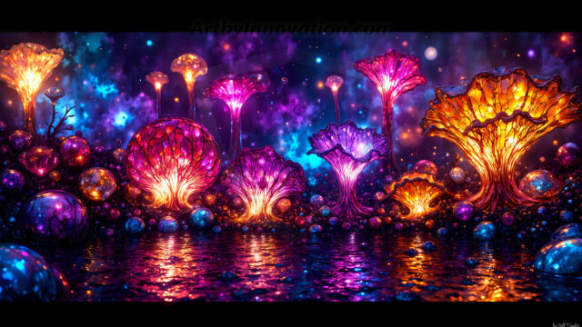 A vibrant and detailed fantasy photograph of an alien planet. Where every element appears meticulously crafted from iridescent stained glass. From a cave system, dominated by towering crystals, giant bioluminescent mushrooms, in all shapes and sizes, that glow in vibrant iridescent colors. A stream of iridescent blue water, flows down the center of the cave from a waterfall, off in the distance. The alien flora, vibrantly colored, attracting alien insects, like nothing you've ever seen. Glow worms hang down from the ceiling, emitting the entire spectrum of the rainbow in colors, they seem to dance and blend as if they are connected. Outside the cave system, the sky shimmers with a breathtaking aurora borealis that fills the sky, creating a cosmic spectacle of galaxies, nebulae, and radiant starlight, in this nighttime landscape.