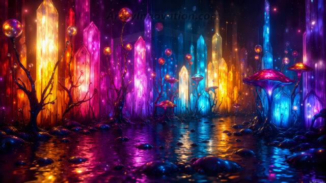 A vibrant and detailed fantasy photograph of an alien planet. Where every element appears meticulously crafted from iridescent stained glass. From a cave system, dominated by towering crystals, giant bioluminescent mushrooms, in all shapes and sizes, that glow in vibrant iridescent colors. A stream of iridescent blue water, flows down the center of the cave from a waterfall, off in the distance. The alien flora, vibrantly colored, attracting alien insects, like nothing you've ever seen. Glow worms hang down from the ceiling, emitting the entire spectrum of the rainbow in colors, they seem to dance and blend as if they are connected. Outside the cave system, the sky shimmers with a breathtaking aurora borealis that fills the sky, creating a cosmic spectacle of galaxies, nebulae, and radiant starlight, in this nighttime landscape.