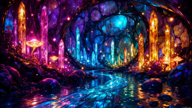 A vibrant and detailed fantasy photograph of an alien planet. Where every element appears meticulously crafted from iridescent stained glass. From a cave system, dominated by towering crystals, giant bioluminescent mushrooms, in all shapes and sizes, that glow in vibrant iridescent colors. A stream of iridescent blue water, flows down the center of the cave from a waterfall, off in the distance. The alien flora, vibrantly colored, attracting alien insects, like nothing you've ever seen. Glow worms hang down from the ceiling, emitting the entire spectrum of the rainbow in colors, they seem to dance and blend as if they are connected. Outside the cave system, the sky shimmers with a breathtaking aurora borealis that fills the sky, creating a cosmic spectacle of galaxies, nebulae, and radiant starlight, in this nighttime landscape.
