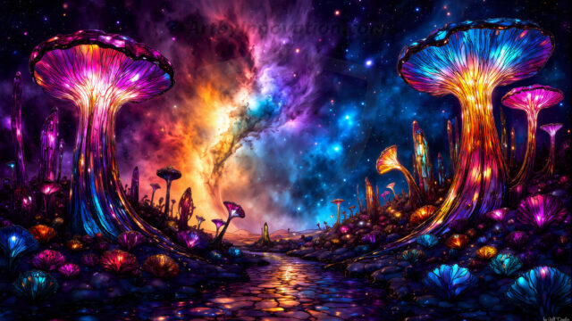 A vibrant and detailed fantasy photograph of an alien planet. Where every element appears meticulously crafted from iridescent stained glass. From a cave system, dominated by towering crystals, giant bioluminescent mushrooms, in all shapes and sizes, that glow in vibrant iridescent colors. A stream of iridescent blue water, flows down the center of the cave from a waterfall, off in the distance. The alien flora, vibrantly colored, attracting alien insects, like nothing you've ever seen. Glow worms hang down from the ceiling, emitting the entire spectrum of the rainbow in colors, they seem to dance and blend as if they are connected. Outside the cave system, the sky shimmers with a breathtaking aurora borealis that fills the sky, creating a cosmic spectacle of galaxies, nebulae, and radiant starlight, in this nighttime landscape.