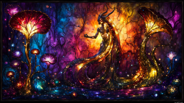 A vibrant and detailed fantasy photograph of an alien planet. Where every element appears meticulously crafted from iridescent stained glass. From a cave system, dominated by towering crystals, giant bioluminescent mushrooms, in all shapes and sizes, that glow in vibrant iridescent colors. A stream of iridescent blue water, flows down the center of the cave from a waterfall, off in the distance. The alien flora, vibrantly colored, attracting alien insects, like nothing you've ever seen. Glow worms hang down from the ceiling, emitting the entire spectrum of the rainbow in colors, they seem to dance and blend as if they are connected. Outside the cave system, the sky shimmers with a breathtaking aurora borealis that fills the sky, creating a cosmic spectacle of galaxies, nebulae, and radiant starlight, in this nighttime landscape.