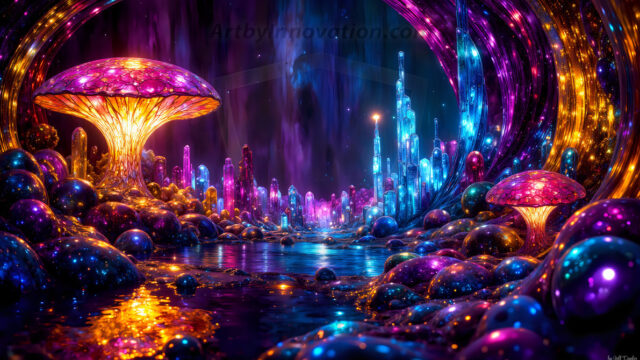 A vibrant and detailed fantasy photograph of an alien planet. Where every element appears meticulously crafted from iridescent stained glass. From a cave system, dominated by towering crystals, giant bioluminescent mushrooms, in all shapes and sizes, that glow in vibrant iridescent colors. A stream of iridescent blue water, flows down the center of the cave from a waterfall, off in the distance. The alien flora, vibrantly colored, attracting alien insects, like nothing you've ever seen. Glow worms hang down from the ceiling, emitting the entire spectrum of the rainbow in colors, they seem to dance and blend as if they are connected. Outside the cave system, the sky shimmers with a breathtaking aurora borealis that fills the sky, creating a cosmic spectacle of galaxies, nebulae, and radiant starlight, in this nighttime landscape.