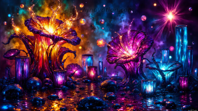 A vibrant and detailed fantasy photograph of an alien planet. Where every element appears meticulously crafted from iridescent stained glass. From a cave system, dominated by towering crystals, giant bioluminescent mushrooms, in all shapes and sizes, that glow in vibrant iridescent colors. A stream of iridescent blue water, flows down the center of the cave from a waterfall, off in the distance. The alien flora, vibrantly colored, attracting alien insects, like nothing you've ever seen. Glow worms hang down from the ceiling, emitting the entire spectrum of the rainbow in colors, they seem to dance and blend as if they are connected. Outside the cave system, the sky shimmers with a breathtaking aurora borealis that fills the sky, creating a cosmic spectacle of galaxies, nebulae, and radiant starlight, in this nighttime landscape.