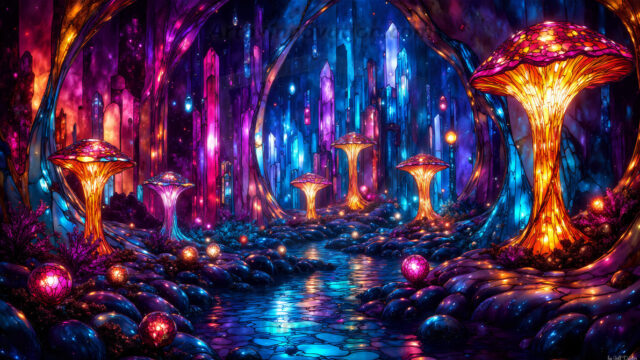 A vibrant and detailed fantasy photograph of an alien planet. Where every element appears meticulously crafted from iridescent stained glass. From a cave system, dominated by towering crystals, giant bioluminescent mushrooms, in all shapes and sizes, that glow in vibrant iridescent colors. A stream of iridescent blue water, flows down the center of the cave from a waterfall, off in the distance. The alien flora, vibrantly colored, attracting alien insects, like nothing you've ever seen. Glow worms hang down from the ceiling, emitting the entire spectrum of the rainbow in colors, they seem to dance and blend as if they are connected. Outside the cave system, the sky shimmers with a breathtaking aurora borealis that fills the sky, creating a cosmic spectacle of galaxies, nebulae, and radiant starlight, in this nighttime landscape.