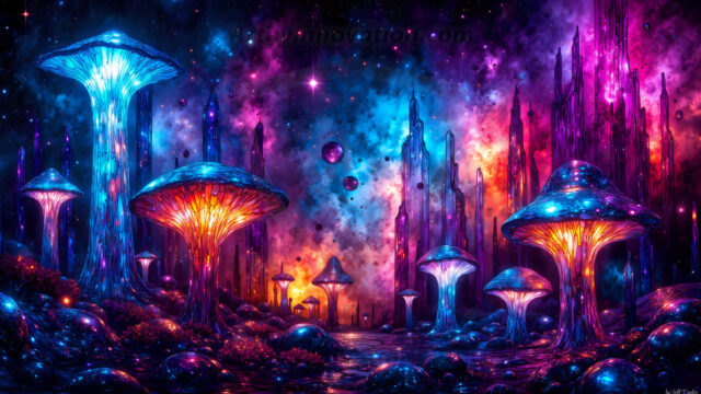 A vibrant and detailed fantasy photograph of an alien planet. Where every element appears meticulously crafted from iridescent stained glass. From a cave system, dominated by towering crystals, giant bioluminescent mushrooms, in all shapes and sizes, that glow in vibrant iridescent colors. A stream of iridescent blue water, flows down the center of the cave from a waterfall, off in the distance. The alien flora, vibrantly colored, attracting alien insects, like nothing you've ever seen. Glow worms hang down from the ceiling, emitting the entire spectrum of the rainbow in colors, they seem to dance and blend as if they are connected. Outside the cave system, the sky shimmers with a breathtaking aurora borealis that fills the sky, creating a cosmic spectacle of galaxies, nebulae, and radiant starlight, in this nighttime landscape.