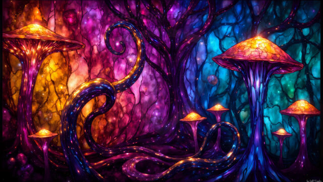 A vibrant and detailed fantasy photograph of an alien planet. Where every element appears meticulously crafted from iridescent stained glass. From a cave system, dominated by towering crystals, giant bioluminescent mushrooms, in all shapes and sizes, that glow in vibrant iridescent colors. A stream of iridescent blue water, flows down the center of the cave from a waterfall, off in the distance. The alien flora, vibrantly colored, attracting alien insects, like nothing you've ever seen. Glow worms hang down from the ceiling, emitting the entire spectrum of the rainbow in colors, they seem to dance and blend as if they are connected. Outside the cave system, the sky shimmers with a breathtaking aurora borealis that fills the sky, creating a cosmic spectacle of galaxies, nebulae, and radiant starlight, in this nighttime landscape.