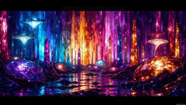 A vibrant and detailed fantasy photograph of an alien planet. Where every element appears meticulously crafted from iridescent stained glass. From a cave system, dominated by towering crystals, giant bioluminescent mushrooms, in all shapes and sizes, that glow in vibrant iridescent colors. A stream of iridescent blue water, flows down the center of the cave from a waterfall, off in the distance. The alien flora, vibrantly colored, attracting alien insects, like nothing you've ever seen. Glow worms hang down from the ceiling, emitting the entire spectrum of the rainbow in colors, they seem to dance and blend as if they are connected. Outside the cave system, the sky shimmers with a breathtaking aurora borealis that fills the sky, creating a cosmic spectacle of galaxies, nebulae, and radiant starlight, in this nighttime landscape.