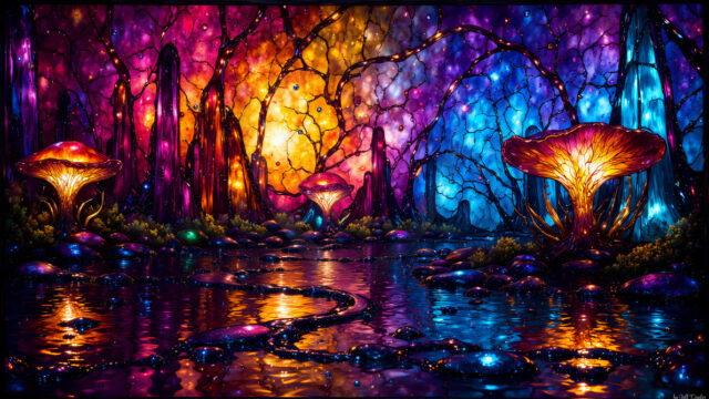 A vibrant and detailed fantasy photograph of an alien planet. Where every element appears meticulously crafted from iridescent stained glass. From a cave system, dominated by towering crystals, giant bioluminescent mushrooms, in all shapes and sizes, that glow in vibrant iridescent colors. A stream of iridescent blue water, flows down the center of the cave from a waterfall, off in the distance. The alien flora, vibrantly colored, attracting alien insects, like nothing you've ever seen. Glow worms hang down from the ceiling, emitting the entire spectrum of the rainbow in colors, they seem to dance and blend as if they are connected. Outside the cave system, the sky shimmers with a breathtaking aurora borealis that fills the sky, creating a cosmic spectacle of galaxies, nebulae, and radiant starlight, in this nighttime landscape.