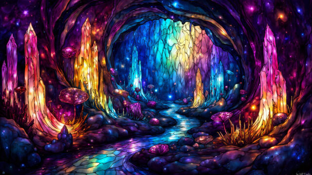 A vibrant and detailed fantasy photograph of an alien planet. Where every element appears meticulously crafted from iridescent stained glass. From a cave system, dominated by towering crystals, giant bioluminescent mushrooms, in all shapes and sizes, that glow in vibrant iridescent colors. A stream of iridescent blue water, flows down the center of the cave from a waterfall, off in the distance. The alien flora, vibrantly colored, attracting alien insects, like nothing you've ever seen. Glow worms hang down from the ceiling, emitting the entire spectrum of the rainbow in colors, they seem to dance and blend as if they are connected. Outside the cave system, the sky shimmers with a breathtaking aurora borealis that fills the sky, creating a cosmic spectacle of galaxies, nebulae, and radiant starlight, in this nighttime landscape.