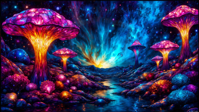 A vibrant and detailed fantasy photograph of an alien planet. Where every element appears meticulously crafted from iridescent stained glass. From a cave system, dominated by towering crystals, giant bioluminescent mushrooms, in all shapes and sizes, that glow in vibrant iridescent colors. A stream of iridescent blue water, flows down the center of the cave from a waterfall, off in the distance. The alien flora, vibrantly colored, attracting alien insects, like nothing you've ever seen. Glow worms hang down from the ceiling, emitting the entire spectrum of the rainbow in colors, they seem to dance and blend as if they are connected. Outside the cave system, the sky shimmers with a breathtaking aurora borealis that fills the sky, creating a cosmic spectacle of galaxies, nebulae, and radiant starlight, in this nighttime landscape.