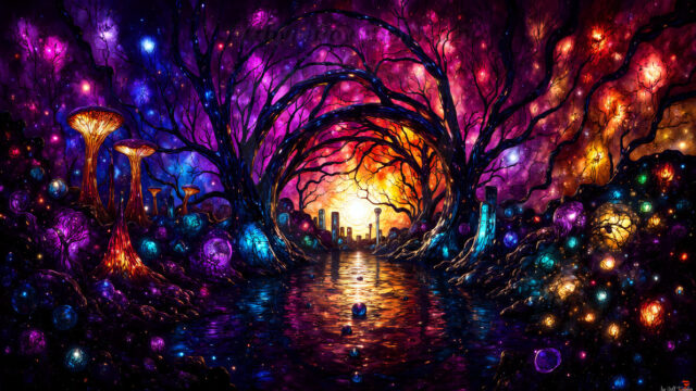 A vibrant and detailed fantasy photograph of an alien planet. Where every element appears meticulously crafted from iridescent stained glass. From a cave system, dominated by towering crystals, giant bioluminescent mushrooms, in all shapes and sizes, that glow in vibrant iridescent colors. A stream of iridescent blue water, flows down the center of the cave from a waterfall, off in the distance. The alien flora, vibrantly colored, attracting alien insects, like nothing you've ever seen. Glow worms hang down from the ceiling, emitting the entire spectrum of the rainbow in colors, they seem to dance and blend as if they are connected. Outside the cave system, the sky shimmers with a breathtaking aurora borealis that fills the sky, creating a cosmic spectacle of galaxies, nebulae, and radiant starlight, in this nighttime landscape.