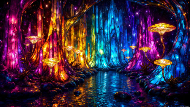 A vibrant and detailed fantasy photograph of an alien planet. Where every element appears meticulously crafted from iridescent stained glass. From a cave system, dominated by towering crystals, giant bioluminescent mushrooms, in all shapes and sizes, that glow in vibrant iridescent colors. A stream of iridescent blue water, flows down the center of the cave from a waterfall, off in the distance. The alien flora, vibrantly colored, attracting alien insects, like nothing you've ever seen. Glow worms hang down from the ceiling, emitting the entire spectrum of the rainbow in colors, they seem to dance and blend as if they are connected. Outside the cave system, the sky shimmers with a breathtaking aurora borealis that fills the sky, creating a cosmic spectacle of galaxies, nebulae, and radiant starlight, in this nighttime landscape.