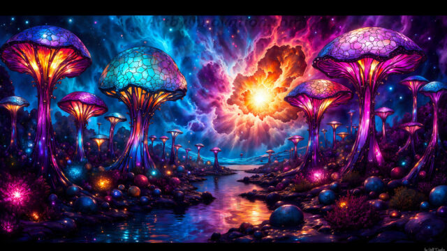 A vibrant and detailed fantasy photograph of an alien planet. Where every element appears meticulously crafted from iridescent stained glass. From a cave system, dominated by towering crystals, giant bioluminescent mushrooms, in all shapes and sizes, that glow in vibrant iridescent colors. A stream of iridescent blue water, flows down the center of the cave from a waterfall, off in the distance. The alien flora, vibrantly colored, attracting alien insects, like nothing you've ever seen. Glow worms hang down from the ceiling, emitting the entire spectrum of the rainbow in colors, they seem to dance and blend as if they are connected. Outside the cave system, the sky shimmers with a breathtaking aurora borealis that fills the sky, creating a cosmic spectacle of galaxies, nebulae, and radiant starlight, in this nighttime landscape.