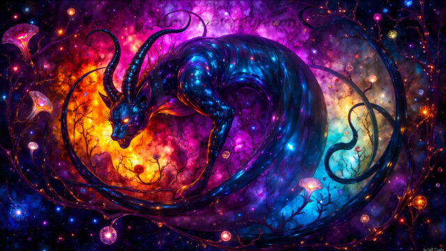 A vibrant and detailed fantasy photograph of an alien planet. Where every element appears meticulously crafted from iridescent stained glass. From a cave system, dominated by towering crystals, giant bioluminescent mushrooms, in all shapes and sizes, that glow in vibrant iridescent colors. A stream of iridescent blue water, flows down the center of the cave from a waterfall, off in the distance. The alien flora, vibrantly colored, attracting alien insects, like nothing you've ever seen. Glow worms hang down from the ceiling, emitting the entire spectrum of the rainbow in colors, they seem to dance and blend as if they are connected. Outside the cave system, the sky shimmers with a breathtaking aurora borealis that fills the sky, creating a cosmic spectacle of galaxies, nebulae, and radiant starlight, in this nighttime landscape.