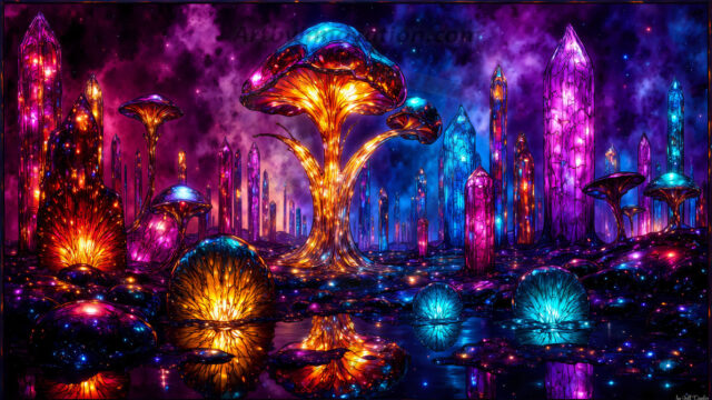 A vibrant and detailed fantasy photograph of an alien planet. Where every element appears meticulously crafted from iridescent stained glass. From a cave system, dominated by towering crystals, giant bioluminescent mushrooms, in all shapes and sizes, that glow in vibrant iridescent colors. A stream of iridescent blue water, flows down the center of the cave from a waterfall, off in the distance. The alien flora, vibrantly colored, attracting alien insects, like nothing you've ever seen. Glow worms hang down from the ceiling, emitting the entire spectrum of the rainbow in colors, they seem to dance and blend as if they are connected. Outside the cave system, the sky shimmers with a breathtaking aurora borealis that fills the sky, creating a cosmic spectacle of galaxies, nebulae, and radiant starlight, in this nighttime landscape.