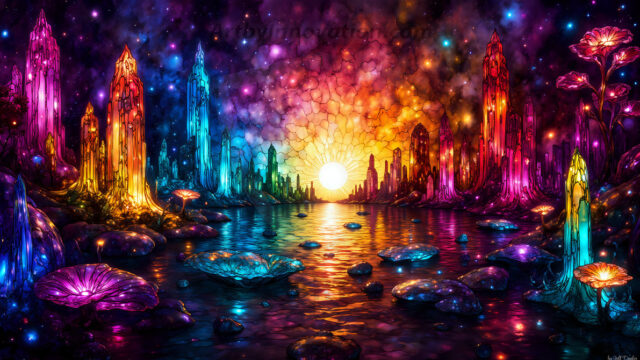 A vibrant and detailed fantasy photograph of an alien planet. Where every element appears meticulously crafted from iridescent stained glass. From a cave system, dominated by towering crystals, giant bioluminescent mushrooms, in all shapes and sizes, that glow in vibrant iridescent colors. A stream of iridescent blue water, flows down the center of the cave from a waterfall, off in the distance. The alien flora, vibrantly colored, attracting alien insects, like nothing you've ever seen. Glow worms hang down from the ceiling, emitting the entire spectrum of the rainbow in colors, they seem to dance and blend as if they are connected. Outside the cave system, the sky shimmers with a breathtaking aurora borealis that fills the sky, creating a cosmic spectacle of galaxies, nebulae, and radiant starlight, in this nighttime landscape.