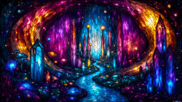 A vibrant and detailed fantasy photograph of an alien planet. Where every element appears meticulously crafted from iridescent stained glass. From a cave system, dominated by towering crystals, giant bioluminescent mushrooms, in all shapes and sizes, that glow in vibrant iridescent colors. A stream of iridescent blue water, flows down the center of the cave from a waterfall, off in the distance. The alien flora, vibrantly colored, attracting alien insects, like nothing you've ever seen. Glow worms hang down from the ceiling, emitting the entire spectrum of the rainbow in colors, they seem to dance and blend as if they are connected. Outside the cave system, the sky shimmers with a breathtaking aurora borealis that fills the sky, creating a cosmic spectacle of galaxies, nebulae, and radiant starlight, in this nighttime landscape.